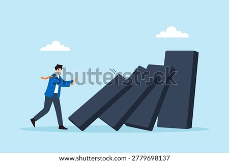 Flat illustration of businessman pushing first domino to trigger chain reaction and domino effect symbolizing business strategy influence major change
