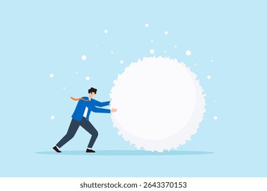 Ilustração plana de empresário empurrando bola de neve gigante para simbolizar a persistência da consistência do momento e crescimento composto