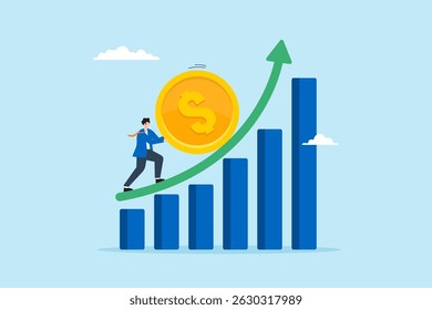 Flat illustration of businessman pushing large dollar coin upward rising bar chart financial growth investment effort earning profit saving pension fund and business success
