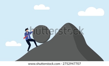 Flat illustration businessman pushing a large boulder up a steep mountain symbolizing hard effort vector