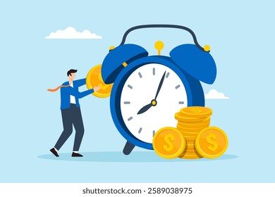 Flat illustration businessman put coin into alarm clock symbolizing long term investment and saving growth