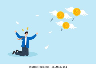Ilustração plana de empresário alcançando para voar moedas com asas simbolizando perda financeira oportunidade perdida investimento pobre e risco de falência