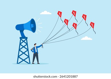 Flat illustration of businessman releasing exclamation kites from megaphone tower to spread urgent alert and warning across wide area
