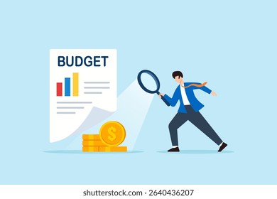 Flat illustration of businessman revealing hidden coins under budget sheet with magnifier light to uncover financial insights and spending analysis