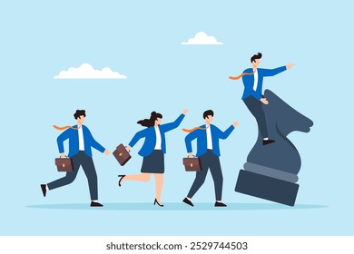 Flat illustration of businessman rides chess knight leading team with courage and confidence towards business victory