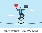 Flat illustration of businessman riding unicycle and balancing heart briefcase on tightrope work life balance managing stress