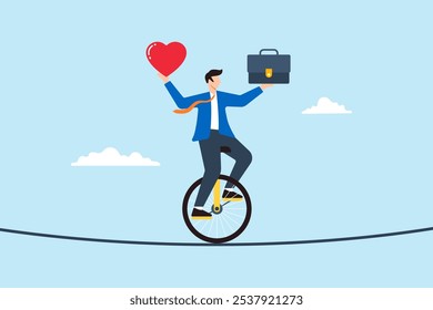 Flat illustration of businessman riding unicycle and balancing heart briefcase on tightrope work life balance managing stress