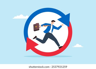 Flat illustration of businessman run on circle arrow diagram working habit life cycle daily routine efficiency procedure or process for success