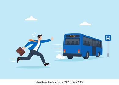 Flat illustration businessman running after departing bus missed opportunity being left behind career setback workplace change poor communication business urgency timing failure