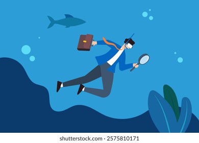 Flat illustration of businessman scuba diving in deep blue ocean with magnifying glass symbolizing deep dive analysis for market improvement