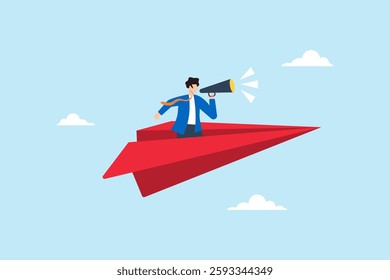 Flat illustration businessman shout through megaphone on red origami airplane announcing marketing message