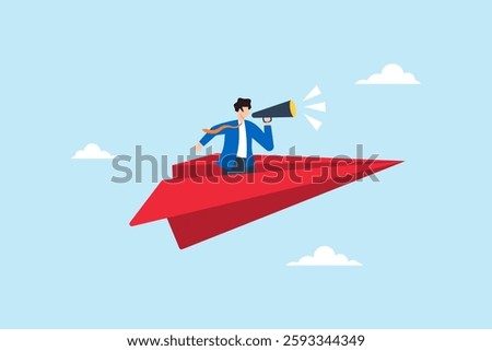 Flat illustration businessman shout through megaphone on red origami airplane announcing marketing message
