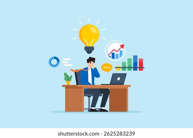 Flat illustration of businessman sitting at desk discovering new insight with bright lightbulb and analytics chart while communicating remotely via laptop with speech bubble