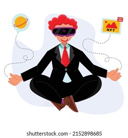 Flat illustration of businessman sitting meditation using virtual reality glasses. Metaverse, NFT concept vector design perfect for technology company, website, landing page etc.