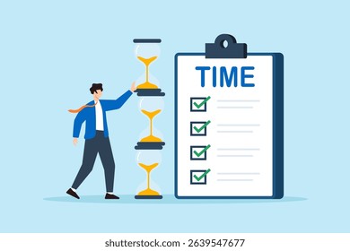Flat illustration of businessman stacking hourglass blocks next to time checklist to represent deadline and productivity management