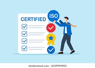 Flat illustration of businessman stacking quality badges to build ISO certified checklist for business approval
