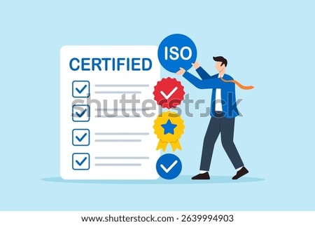 Flat illustration of businessman stacking quality badges to build ISO certified checklist for business approval