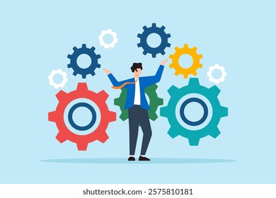 Flat illustration of businessman stand on interconnected gear cogwheel symbolizing process and workflow optimization