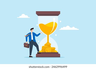 Flat illustration of businessman standing by coins in hourglass time is money investments value