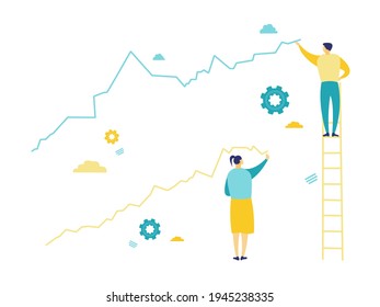 Flat illustration of a businessman standing on a ladder, drawing a blue graphic and a woman drawing a yellow chart. Simple illustration in yellow and blue. Business and finance concepts.