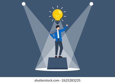 Flat illustration of businessman standing on spotlighted stage finding creative solution with glowing lightbulb symbolizing breakthrough and inspiration