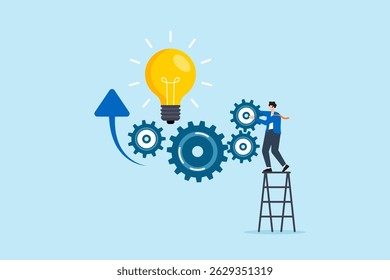 Flat illustration of businessman standing on ladder turning gear wheels connected to glowing lightbulb with upward arrows innovation productivity and solution engineering