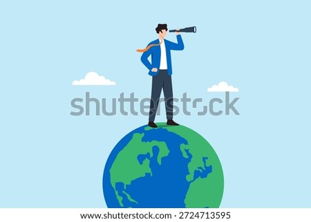 Flat illustration of businessman standing on globe looking through telescope symbolizing global vision opportunity exploration international strategy and future business outlook