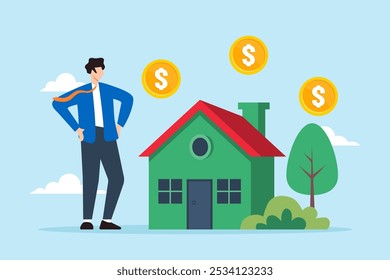 Flat illustration of businessman stands by house with dollar signs representing reverse mortgage financial concepts