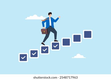 Flat illustration of businessman step on checkbox checklist progressing from start to success in completing task