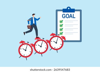 Flat illustration of businessman stepping on red alarm clocks toward goal checklist to represent productivity and time management