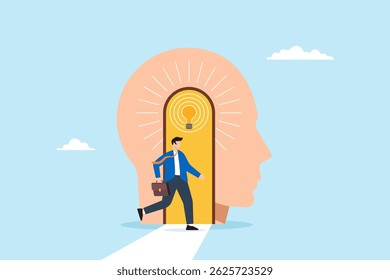 Ilustração plana de homem de negócios pisando pela porta da cabeça aberta com lâmpada brilhante representando desbloquear nova mentalidade e ideias
