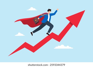 Flat illustration businessman superhero flying upward with rising arrow symbolizing business growth and success
