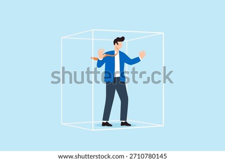 Flat illustration of businessman trapped inside transparent glass box symbolizing limitation mental block and restricted freedom