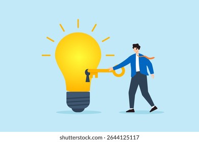 Flat illustration of businessman unlocking glowing lightbulb with golden key to discover new idea creativity and innovation potential