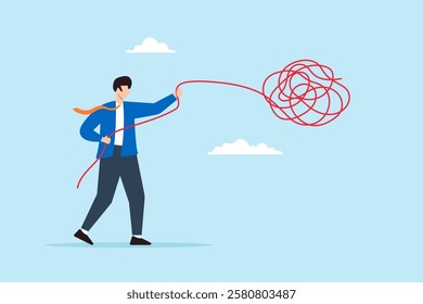 Flat illustration of businessman unravel tangle rope symbolizing solving complex and chaotic business problem