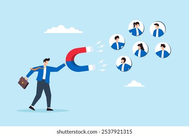Flat illustration of businessman use magnet attract customer brand engagement social positive feedback share loyalty and trust
