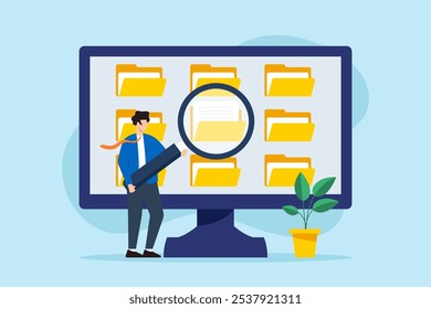 Ilustração plana de empresário usar lupa para pesquisar arquivo na tela do computador gerenciamento de arquivo de documentos