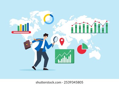 Ilustração plana de empresário usar lupa analisar oportunidade de negócios global e risco com gráfico na análise de mapa mundial economia internacional pesquisa estrangeira carreira