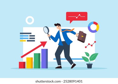 Flat illustration of businessman uses magnifying glass to analyze charts and graphs in research report