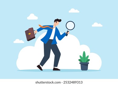 Flat illustration of businessman uses magnifying glass to search for job vacancies finding resources for career development