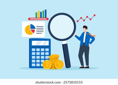 Flat illustration of businessman using magnifier to plan budget with calculator coin and chart symbolizing financial management