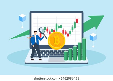 Flat illustration of businessman using magnifying glass analyzing cryptocurrency trends on digital screen digital currency investments