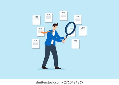 Ilustración plana de un hombre de negocios usando una lupa para Explore ofertas de trabajo que simbolizan la búsqueda de empleo planificación de carrera y reclutamiento