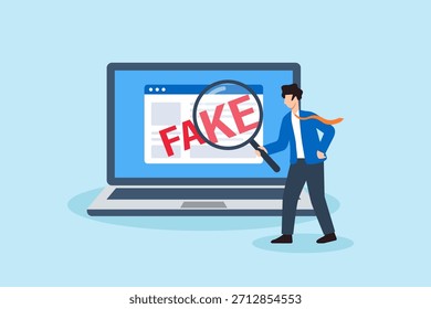 Flat illustration of businessman using magnifying glass to detect fake content on laptop screen symbolizing misinformation detection and fact checking