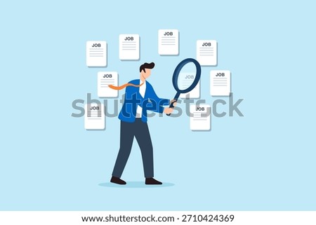 Flat illustration of businessman using magnifying glass to explore job listings symbolizing employment search career planning and recruitment