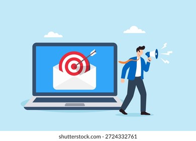 Ilustración plana del hombre de negocios usando el megáfono que anuncia la campaña de email marketing dirigida con la flecha que golpea la diana dentro del sobre en la pantalla del ordenador portátil