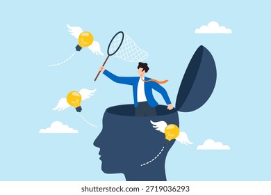 Ilustração plana de homem de negócios usando net pegando lâmpada voadora dentro de cabeça aberta simbolizando criatividade inovação brainstorming e processo de geração de ideias