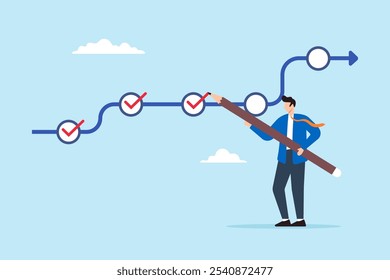 Ilustração plana de empresário usando lápis para marcar a lista de verificação para acompanhamento de meta de marco do projeto e conclusão de tarefa