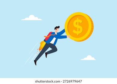 Flache Illustration von Geschäftsmann mit Raketen-Booster zu heben Riesen-Dollar-Münze repräsentiert finanzielle Hebelwirkung Einkommen Wachstum Wohlstand Beschleunigung intelligente Investitionsstrategie und Geschäftsvorteil