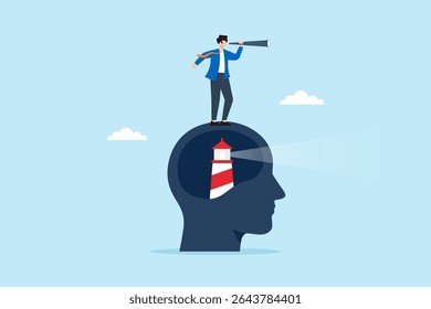 Flat illustration of businessman using telescope on head with lighthouse inside to represent vision insight guidance and leadership direction